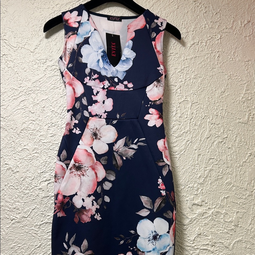 EVITA Navy Sleeveless Paris Midi Dress with Pink & White Flowers Size 8 NEW TAG